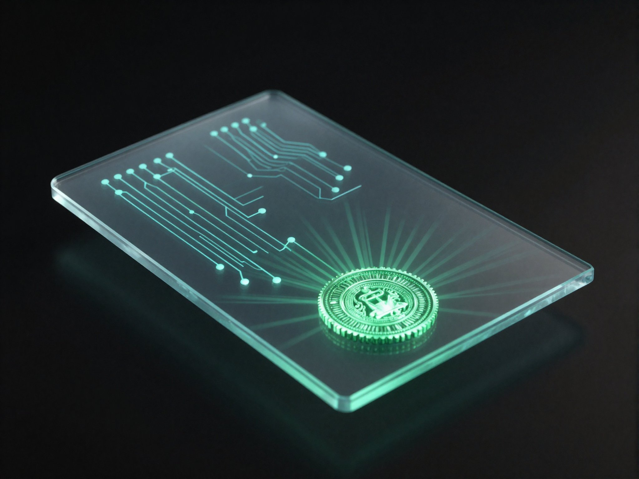 Holographic verification ledger — translucent slabs stamped with a glowing green seal of light