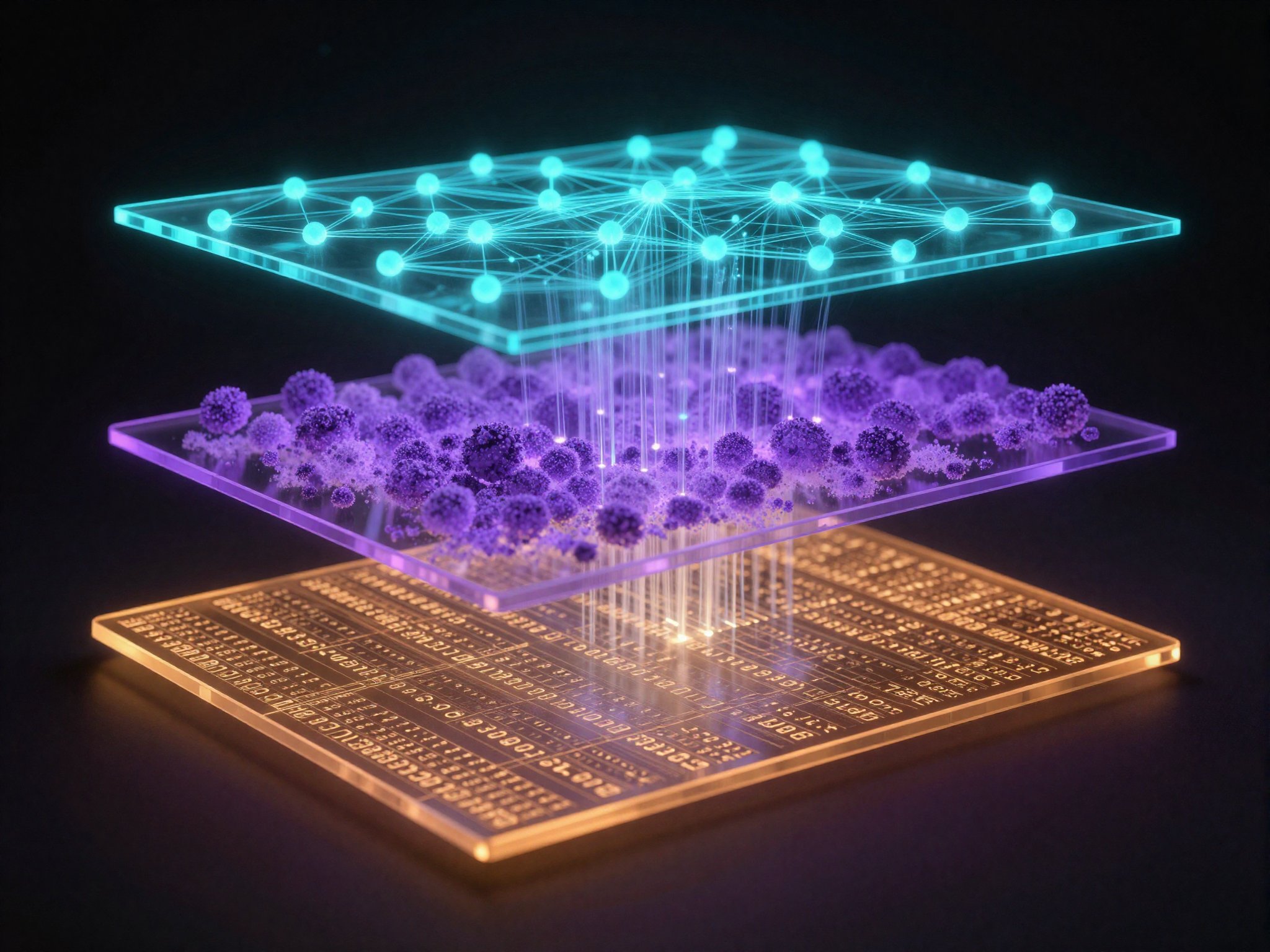 Three luminous memory layers — an amber database grid, violet embedding particles, and a cyan knowledge graph — stacked in dark space